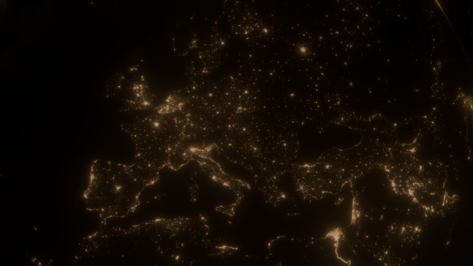 Satellite view of Europe at night, cities glowing